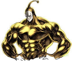 1boy abs antennae biceps black_sclera bodysuit colored_sclera commentary_request golden_sperm hands_on_own_hips looking_to_the_side muscular one-punch_man spacezin superhero_costume upper_body white_background