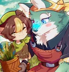 2boys alder_(cuisineer) animal_ears bandana black_shirt blue_butterfly blue_eyes blue_sky blush bug butterfly capriicant character_request closed_eyes cloud cuisineer facing_another freckles furry furry_male heterochromia insect leather_apron looking_at_animal male_focus multicolored_hair multiple_boys plant potted_plant red_eyes scar_across_eyebrow scar_on_face shirt sky streaked_hair wolf_boy wolf_ears yellow_bandana