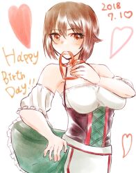 1girl apron blush breasts brown_eyes brown_hair chunta cleavage dirndl dress eating food german_clothes germany girls_und_panzer hand_on_own_hip happy_birthday heart large_breasts looking_at_viewer mouth_hold nishizumi_maho official_alternate_costume pretzel short_hair simple_background solo strapless strapless_dress traditional_media