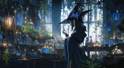 Rule 34 | 1girl, black robe, blue eyes, bottle, bug, butterfly, drawer, flower, gloves, hanging plant, hat, hat flower, highres, holding, holding paper, holding wand, insect, lantern, magic, mizuiro abokado, original, paper, plant, robe, solo, wand, white gloves, wide sleeves, witch, witch hat