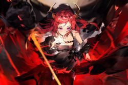 1girl arknights arm_up bare_shoulders black_dress black_jacket black_legwear breasts cleavage closed_mouth collarbone detached_collar dress from_above full_body giant highres horns jacket kuma20151225 long_hair long_sleeves looking_at_viewer looking_up medium_breasts open_clothes open_jacket outstretched_arm purple_eyes red_hair solo standing surtr_(arknights) sword underbust weapon