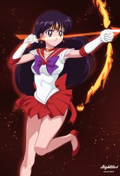 Rule 34 | 1girl, absurdres, armpits, arrow (projectile), back bow, bare legs, bishoujo senshi sailor moon, black eyes, black hair, bow, bow (weapon), breasts, choker, collarbone, earrings, elbow gloves, embers, female focus, fire, flaming weapon, gloves, heart, high heels, highres, hino rei, holding, holding arrow, holding bow (weapon), holding weapon, jewelry, kneecap, kneecaps, legs, long hair, long legs, looking to the side, magical girl, medium breasts, miniskirt, neck, necklace, nightstark, one leg raised behind, one legged, pleated skirt, purple bow, purple hair, red bow, red choker, red footwear, red sailor collar, red skirt, sailor collar, sailor mars, sailor senshi, sailor senshi uniform, see-through clothes, see-through sleeves, serious, short sleeves, skirt, small breasts, standing, standing on one leg, star (symbol), star choker, star necklace, straight hair, super sailor mars, tiara, toei animation, very long hair, weapon, white gloves