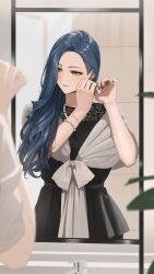 1girl absurdres adjusting_eyewear black_dress blue_hair blue_nails bracelet commentary_request dress faucet forehead hair_over_one_eye hara_kenshi highres indoors jewelry kimishima_touka lace_dress long_hair looking_to_the_side necklace original pearl_bracelet pearl_necklace solo yellow_eyes
