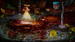 artist_name black_eyes bud bulbmin colored_skin commentary commission crab dark_background english_commentary fang frog gertslime hermit_crawmad highres hocotate_freight_steam_ship landscape leaf light lying moss nintendo no_humans no_mouth on_back peanut_butter pikmin_(series) plant polka_dot pond purple_pikmin purple_skin red_eyes signature solid_circle_eyes spacecraft tadpole tree_stump underground walking water water_dumple waterfall white_pikmin white_skin wolpole wollyhop yellow_wollyhop