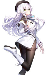 1girl altina_orion ass beret black_capelet black_hat boots brown_pantyhose capelet closed_mouth commentary_request dress eiyuu_densetsu floating_hair green_eyes hat highres holding lace-up_boots long_hair long_sleeves looking_at_viewer looking_to_the_side pantyhose ririko_(zhuoyandesailaer) simple_background solo standing standing_on_one_leg thighband_pantyhose very_long_hair white_background white_boots white_dress white_hair