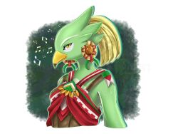 1girl amali_(zelda) arm_at_side artist_name beak bird_girl blisserooni blonde_hair body_fur border closed_mouth drop_shadow earrings female_focus from_side furry furry_female green_background green_fur happy highres jewelry looking_at_viewer musical_note nintendo outline outside_border profile red_shirt rito shirt short_hair sleeveless sleeveless_shirt smile solo the_legend_of_zelda the_legend_of_zelda:_breath_of_the_wild twitter_username two-tone_fur upper_body watermark white_border white_fur white_outline yellow_eyes