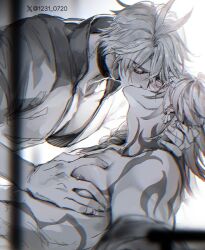 Rule 34 | 2boys, antenna hair, arm tattoo, black choker, blush, chest tattoo, choker, closed eyes, collarbone, commentary, earrings, from side, greyscale, hair between eyes, hand on another&#039;s neck, honkai: star rail, honkai (series), jewelry, kiss, male focus, monochrome, multiple boys, mydei (honkai: star rail), np (1231 0720), pectoral cleavage, pectoral grab, pectorals, phainon (honkai: star rail), shirt, short hair, tattoo, topless male, twitter username, white hair, yaoi