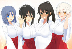 Rule 34 | 4girls, absurdres, asuka (senran kagura), black hair, blue eyes, bow, breasts, brown eyes, brown hair, dark-skinned female, dark skin, george (pixiv7099078), grey hair, hair bow, hair ribbon, hand up, hat, highres, homura (senran kagura), japanese clothes, large breasts, long hair, long sleeves, looking at viewer, midriff, miko, miyabi (senran kagura), multiple girls, ponytail, ribbon, senran kagura, senran kagura new link, short hair, simple background, smile, upper body, white hair, yellow eyes, yumi (senran kagura)