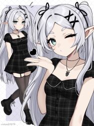 1girl alternate_costume artist_name black_boots black_dress boots breasts dress elf frieren garter_straps grey_hair hair_ribbon hand_up highres jewelry long_hair looking_at_viewer multiple_views necklace one_eye_closed parted_bangs plaid_clothes plaid_dress pointy_ears ribbon short_dress short_sleeves small_breasts sousou_no_frieren thighhighs twintails very_long_hair vickie_(cryingrobot)
