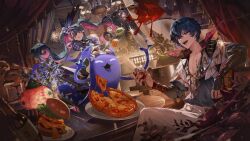 1boy 1girl absurdres blue_shirt brant_(wuthering_waves) burger commentary english_commentary food heterochromia highres jewelry kawa683 long_hair macaron multicolored_hair multiple_rings mystical_high_collar open_clothes open_shirt pants pero_(wuthering_waves) pizza plate ring roccia_(wuthering_waves) shirt sitting suitcase tacet_mark_(wuthering_waves) toned toned_male twintails two-tone_hair white_pants wuthering_waves