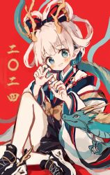 Rule 34 | 1girl, absurdres, antlers, aqua eyes, black shoes, black skirt, blonde hair, blush, blush stickers, bow, chinese zodiac, claw pose, commentary request, dot nose, dragon, earrings, full body, grin, hair bow, hair rings, hands up, highres, horns, japanese clothes, jewelry, kimono, knee up, long hair, looking at viewer, miniskirt, multicolored kimono, napo (napo illust), new year, original, pleated skirt, pointy ears, red background, sharp teeth, shoes, sidelocks, simple background, sitting, skirt, smile, sneakers, solo, striped bow, tassel, tassel earrings, teeth, white background, year of the dragon