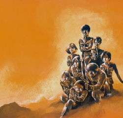 3girls 5boys amuro_ray bright_noa fraw_bow gun gundam handgun hayato_kobayashi holding holding_gun holding_weapon kai_shiden kneeling machine_gun military military_uniform mirai_yashima mobile_suit_gundam multiple_boys multiple_girls official_art pistol ryu_jose sayla_mass weapon yasuhiko_yoshikazu