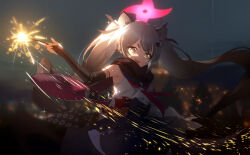 1girl absurdres animal_ears black_gloves black_scarf black_skirt blue_archive elbow_gloves fang fingerless_gloves gloves grey_hair halo hayate_(1034853996) highres holding holding_fireworks looking_at_viewer michiru_(blue_archive) neckerchief open_mouth raccoon_ears raccoon_girl red_halo red_neckerchief scarf shirt skin_fang skirt sleeveless sleeveless_shirt solo thick_eyebrows twintails white_shirt yellow_eyes