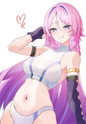 1girl asymmetrical_gloves blue_eyes breasts buruma chobonu citlali_(genshin_impact) commentary crop_top elbow_gloves facial_mark genshin_impact gloves highres large_breasts long_hair looking_at_viewer navel pink_hair purple_gloves simple_background smile solo stomach symbol-only_commentary triangle triangle_facial_mark uneven_gloves very_long_hair white_background white_buruma