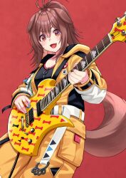1girl animal_ears belt black_shirt brown_eyes brown_hair dog_ears dog_girl dog_tail fangs guitar highres holding holding_guitar holding_instrument hololive hood hoodie instrument inugami_korone inugami_korone_(8th_costume) looking_at_viewer medium_hair official_alternate_costume orange_hoodie orange_pants pants ponytail red_background shirt smile solo tail virtual_youtuber white_belt zabudog777