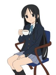 1girl akiyama_mio black_eyes black_hair black_socks blazer blue_ribbon chair cup gold_buttons hand_on_own_leg highres holding holding_cup jacket k-on! long_hair looking_at_viewer pleated_skirt ribbon rytoua318 sakuragaoka_high_school_uniform school_uniform sitting skirt smile socks tea