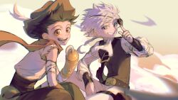 Rule 34 | 2boys, adjusting eyewear, alternate costume, arm up, bandaged arm, bandages, belt, belt buckle, black belt, black pants, blue eyes, brown eyes, brown hat, buckle, commentary, eyepatch, gelb, gon freecss, grin, hat, highres, hook, hook hand, hunter x hunter, killua zoldyck, long sleeves, looking to the side, male focus, multiple boys, open mouth, pants, pirate costume, plume, pouch, red scarf, scarf, shirt, sideways glance, sitting, smile, teeth, tongue, torn clothes, torn sleeves, white hair, white pants, white shirt