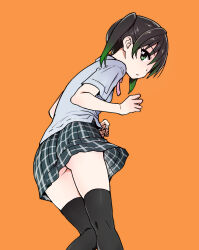 Rule 34 | 1girl, black hair, black skirt, black thighhighs, breasts, gradient hair, green eyes, green hair, grey shirt, highres, looking at viewer, looking back, love live!, love live! nijigasaki high school idol club, multicolored hair, no panties, orange background, plaid clothes, plaid skirt, pleated skirt, shirt, shiwasu no okina, simple background, skirt, small breasts, solo, takasaki yu, thighhighs, twintails