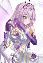 1girl absurdres asymmetrical_gloves black_tiara breasts castorice_(honkai:_star_rail) commentary_request dress elbow_gloves flower flower_ornament four-finger_heart_hands gloves hair_flower hair_ornament heart heart_hands highres honkai:_star_rail honkai_(series) looking_to_the_side medium_breasts morocha1130 pointy_ears purple_eyes purple_gloves purple_hair simple_background solo tiara uneven_gloves white_background white_dress