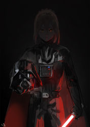 armor artoria_pendragon_(fate) black_cape blonde_hair braid bright_pupils cape club3 commentary cosplay cowboy_shot darth_vader darth_vader_(cosplay) energy_sword fate/grand_order fate_(series) glowing glowing_eyes hair_between_eyes hair_bun helmet highres holding holding_sword holding_weapon lightsaber looking_at_viewer multicolored_cape mysterious_heroine_x_alter_(fate) mysterious_heroine_x_alter_(third_ascension)_(fate) red_cape signature single_hair_bun solo standing star_wars sword weapon yellow_eyes