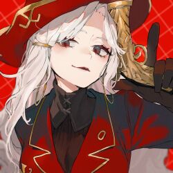 Rule 34 | 1girl, black shirt, earrings, gold trim, gun, hamelon310, hat, highres, holding, holding gun, holding weapon, hoop earrings, jacket, jewelry, limbus company, long hair, long sleeves, looking at viewer, pirate, pirate hat, project moon, red background, red eyes, red hat, red jacket, shirt, simple background, smee (project moon), smile, solo, upper body, weapon, white hair