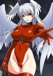 1girl absurdres angel_wings anime_coloring arms_behind_head arms_up athletic_leotard breasts commentary_request covered_navel crescent_moon feathered_wings final_fantasy final_fantasy_tactics head_wings highleg highleg_leotard highres large_breasts leotard long_sleeves moon night red_eyes red_leotard red_thighhighs solo thighhighs ultima_(fft) white_hair wings yuuyuu_(3jjbn)