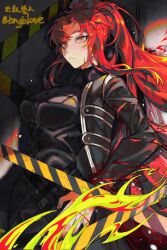 1girl black_coat black_shirt bngb_love breasts closed_mouth coat collared_shirt fire gebura_(project_moon) grey_background grey_eyes heterochromia highres library_of_ruina long_hair long_sleeves looking_at_viewer parted_bangs ponytail project_moon red_hair scar scar_across_eye scar_on_face shirt sidelocks simple_background solo standing upper_body very_long_hair yellow_eyes