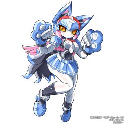 Rule 34 | 1girl, aku no onna kanbu: perigee new moon, animal ears, animal hands, breasts, cat ears, cat paws, clara (aku no onna kanbu), clenched hands, copyright name, highres, kouichi (kouichi-129), leg up, looking to the side, mechanical ears, mechanical skirt, medium breasts, official art, robot, watermark, yellow eyes