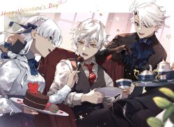 1girl 2boys anastasia_(fate) animal_print blue_eyes blue_gloves blue_necktie braid breasts butterfly_print cake chocolate_cake collared_shirt cup doll fate/grand_order fate_(series) feeding food gloves grey_shirt hair_tie happy_valentine highres holding holding_plate holding_tray james_moriarty_(ruler)_(fate) kadoc_zemlupus long_hair looking_at_another medium_breasts multiple_boys necktie open_mouth plate red_necktie shirt short_hair sitting smile star_(symbol) striped_clothes striped_vest tea_set teacup tia_(cocorosso) tray vest white_hair white_shirt yellow_eyes