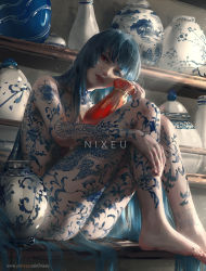 1girl blue_eyes blue_hair full-body_tattoo head_tilt heterochromia highres holding indoors knees_up light_rays long_hair looking_to_the_side nixeu nude original pot pottery realistic red_eyes shelf sitting sunbeam sunlight tattoo vase very_long_hair watermark web_address