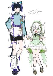 1boy 1girl alternate_costume animal_ear_hairband animal_ears apron aqua_jacket aqua_sleeves arms_at_sides black_hair black_shoes black_shorts black_trim blunt_ends blush_stickers bright_pupils brown_shoes brown_wrist_cuffs cat_ears cat_tail chest_harness clothing_request coattails contemporary cross-shaped_pupils dress electro_symbol_(genshin_impact) eyelashes fake_animal_ears footwear_ribbon frilled_apron frilled_dress frilled_hairband frilled_socks frills genshin_impact green_apron green_eyes green_hair green_headdress hair_between_eyes hair_ornament hair_ribbon hairband hand_on_own_hip hands_up harness heart height_difference highres holding holding_saucer jacket leaf leaf_hair_ornament leg_warmers long_hair long_sleeves looking_at_viewer maid_headdress mitsudomoe_(shape) multicolored_hair nahida_(genshin_impact) name_tag o-ring o-ring_thigh_strap one_eye_closed onigiri_po_0205 open_mouth parted_lips puffy_sleeves purple_eyes purple_hairband purple_ribbon purple_trim ribbon saucer scaramouche_(genshin_impact) shoes short_sleeves shorts side_ponytail sidelocks single_wrist_cuff sketch socks streaked_hair symbol-shaped_pupils tail tareme tassel thigh_strap tomoe_(symbol) track_jacket tsurime waist_apron wanderer_(genshin_impact) white_apron white_dress white_hair white_leg_warmers white_mouth white_pupils white_sleeves white_socks wispy_bangs wrist_cuffs