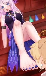 1boy 1girl absurdres aether_(genshin_impact) barefoot blue_eyes blush citlali_(genshin_impact) denokoto feet foot_worship genshin_impact highres licking_foot long_hair open_mouth pink_hair toes
