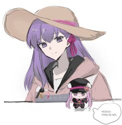 1girl black_hat black_jacket breasts character_doll doll fate/grand_order fate_(series) hair_ribbon hat highres jacket long_hair long_sleeves matou_sakura medusa_(fate) medusa_(saber)_(fate) medusa_(saber)_(first_ascension)_(fate) nekwnek overalls pink-tinted_eyewear purple_eyes purple_hair red_ribbon ribbon round_eyewear sakura_(paper_moon) simple_background smile solo_focus straw_hat sunglasses tinted_eyewear twintails very_long_hair white_background