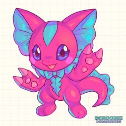 Rule 34 | artist name, claws, digimon, digimon (creature), elizamon, happy, looking at viewer, murasaki (julymurasaki), open mouth, ribbon, smile, solo, sparkle, tail