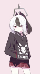 1girl absurdres black_hair black_hoodie black_horns blue_archive commentary demon_horns hair_between_eyes halo hands_in_pockets highres hood hoodie horns kayoko_(blue_archive) long_sleeves meteor_(ks111278) miniskirt plaid_clothes plaid_skirt pleated_skirt ponytail red_eyes red_skirt sidelocks skirt solo standing white_hair
