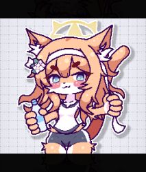 1girl :3 animal_ear_fluff blue_archive blue_eyes blue_shorts closed_mouth commentary cowboy_shot english_commentary flower furrification furry furry_female gym_shirt gym_shorts gym_uniform hair_flower hair_ornament halo highres jaggy_lines letterboxed long_hair mari_(blue_archive) mari_(track)_(blue_archive) orange_hair outline plastic_bottle shirt shorts simple_background solo thejunebug thick_eyebrows white_outline white_shirt yellow_halo