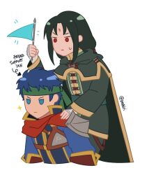 Rule 34 | 2boys, blue eyes, blue hair, boxkiri, carrying, commentary, deformed, english commentary, facial mark, fire emblem, fire emblem: path of radiance, fire emblem heroes, flag, forehead mark, headband, holding, holding flag, ike (fire emblem), long hair, male focus, multiple boys, nintendo, piggyback, red eyes, short hair, simple background, soren (fire emblem), twitter username