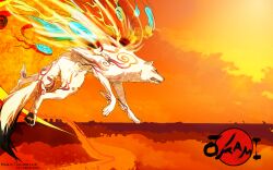 amaterasu_(ookami) animal_focus artist_name blue_fire chewychunx closed_mouth cloud cloudy_sky commentary copyright_name english_commentary fire from_side full_body growling jumping light_rays no_humans ookami_(game) orange_sky orange_theme outdoors reflector_(ookami) sky sunbeam sunlight white_wolf wolf