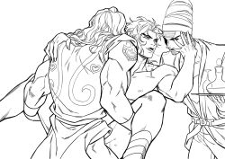 Rule 34 | 3boys, absurdres, after kiss, anal, ass, blush, cum, dio brando, group sex, highres, huang lia, jojo no kimyou na bouken, long hair, looking at another, male focus, male penetrated, monochrome, multiple boys, muscular, muscular male, nipples, nude, pectorals, sex, spread legs, stardust crusaders, terence t. d&#039;arby, threesome, tongue, tongue out, vanilla ice, yaoi