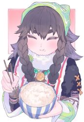 1girl :i ainu_clothes bead_necklace beads black_hair bowl braid chopsticks closed_eyes closed_mouth eating facing_viewer food food_on_face fur_collar green_headscarf headscarf highres holding holding_bowl holding_chopsticks jewelry long_sleeves multicolored_hair necklace pilika_(rune_factory) purple_hair rice rice_bowl rice_on_face rune_factory rune_factory:_guardians_of_azuma simple_background solo twin_braids upper_body valentine_(02140314c)