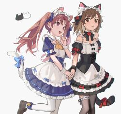 Rule 34 | 2girls, animal ears, ascot, bell, black corset, black thighhighs, black wrist cuffs, blue corset, blue ribbon, breasts, brown eyes, brown hair, brown shoes, cat ears, cat tail, commentary request, corset, cowboy shot, detached sleeves, foot out of frame, grey background, hair ribbon, highres, holding hands, jingle bell, labixiaohua, leg up, maid, maid headdress, misaka mikoto, multiple girls, neck ribbon, puffy detached sleeves, puffy short sleeves, puffy sleeves, ribbon, shirai kuroko, shoes, short sleeves, simple background, small breasts, sweatdrop, tail, thighhighs, toaru kagaku no railgun, toaru majutsu no index, twintails, white wrist cuffs, wrist cuffs, yellow ascot