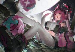 1girl aqua_streaks arknights arknights:_endfield bare_shoulders black_horns black_shirt black_shoes blue_eyes blunt_bangs blush breasts commentary commentary_request cone_hair_bun crop_top detached_sleeves diamond_in_eye fang full_moon gloves hair_bun hair_intakes hair_ornament highres horns large_breasts long_hair long_sleeves looking_at_viewer moon moonlight multicolored_hair multicolored_horns navel night night_sky non-humanoid_robot on_ground open_mouth pants pink_gloves pink_hair pink_horns pink_sleeves pointy_ears puffy_long_sleeves puffy_sleeves purple_eyes robot rock see-through_clothes see-through_sleeves shirt shoes short_eyebrows sitting skin_fang sky smile solo strapless streaked_hair tail thick_eyebrows thighs tube_top twintails two-tone_gloves two-tone_horns ukai_(fmxc3282) very_long_hair white_pants yvonne_(arknights)