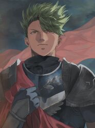 Rule 34 | 1boy, achilles (fate), armor, black shirt, cape, fate/apocrypha, fate/grand order, fate (series), gloves, green hair, highres, male focus, r0 knr52, shirt, short hair, solo, upper body, yellow eyes