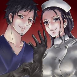 1boy 1girl black_gloves black_hair earrings eyelashes facial_hair gloves goatee gradient_background hair_slicked_back hat jewelry looking_at_viewer nico_robin nurse nurse_cap one_piece red_background smile surgeon trafalgar_law upper_body yellow_eyes yuri_kohi