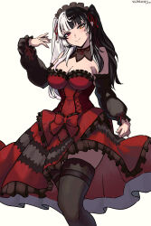1girl absurdres black_hair black_headdress black_sleeves black_thighhighs breasts cleavage cosplay date_a_live date_a_live:_date_a_bullet detached_collar detached_sleeves dress hair_ribbon heterochromia highres hololive hololive_english large_breasts long_hair multicolored_hair red_dress red_eyes red_ribbon ribbon shiori_novella simple_background solo split-color_hair thighhighs tokisaki_kurumi tokisaki_kurumi_(cosplay) twintails two-tone_hair vicarious virtual_youtuber white_background yellow_eyes