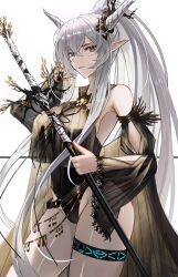 1girl absurdres arknights armpit_crease ass bare_shoulders black_one-piece_swimsuit black_sleeves breasts cowboy_shot detached_sleeves halterneck high_ponytail highleg highleg_one-piece_swimsuit highres holding holding_staff horns infection_monitor_(arknights) jineg large_breasts long_sidelocks looking_at_viewer official_alternate_costume official_art one-piece_swimsuit parted_lips pointy_ears ponytail see-through_clothes shining_(arknights) shining_(silent_night)_(arknights) sideboob sidelocks simple_background solo staff swimsuit thigh_strap thighs very_long_sidelocks weapon white_background white_hair wide_sleeves