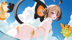1girl ahoge alternate_costume alternate_hairstyle ass bikini black_hair blue_sky blush brown_hair bun_with_braided_base cloud cloudy_sky commentary from_side gigi_murin hair_bun highres hololive hololive_english hoshi_usagi huge_ahoge looking_at_viewer multicolored_hair ocean open_mouth outdoors pink_eyes single_hair_bun sky smile swimsuit tail two-tone_hair virtual_youtuber wading water wet yellow_bikini