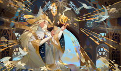 1boy bandal bird blonde_hair commentary cookie_run dove facial_mark flower forehead_mark hat highres holding holding_staff juliet_sleeves lily_(flower) long_hair long_sleeves looking_at_viewer male_focus parted_lips puffy_sleeves pure_vanilla_cookie robe solo staff very_long_hair white_bird white_flower white_robe wizard_hat