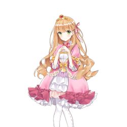 1girl blonde_hair blunt_bangs breasts dress frilled_dress frills gold_tiara green_eyes lina_princella long_hair looking_at_viewer pantyhose pink_dress salt_(salty) uchi_no_hime-sama_ga_ichiban_kawaii very_long_hair white_pantyhose