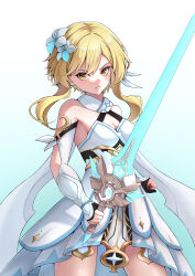 1girl absurdres anemo_symbol_(genshin_impact) aqua_background arm_armor armpits bare_shoulders black_gloves blonde_hair breasts cleavage clenched_teeth commentary_request cowboy_shot dress feather_hair_ornament feathers fighting_stance flower genshin_impact gloves gradient_background hair_flower hair_ornament highres holding holding_sword holding_weapon looking_at_viewer lumine_(genshin_impact) medium_breasts partially_fingerless_gloves scarf short_hair_with_long_locks simple_background skyward_blade_(genshin_impact) solo suzawa_aya sword teeth weapon white_dress white_scarf yellow_eyes